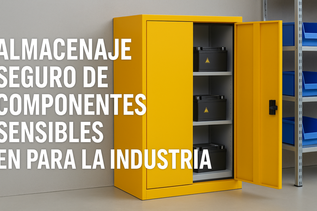Armarios de seguridad y contenedores industriales utilizados para el almacenamiento seguro y ordenado de baterías y componentes sensibles en un almacén técnico