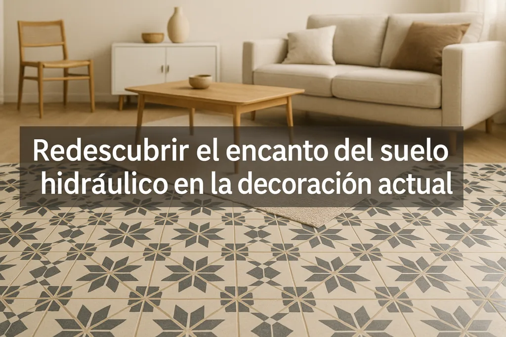 Salón moderno con baldosas hidráulicas de diseño geométrico en tonos neutros integradas en una decoración contemporánea.
