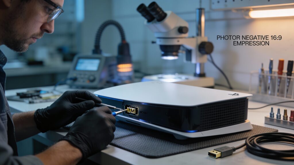 Técnico en un taller de reparación electrónica trabajando en una consola de videojuegos y su puerto HDMI con herramientas de precisión sobre una mesa antiestática.